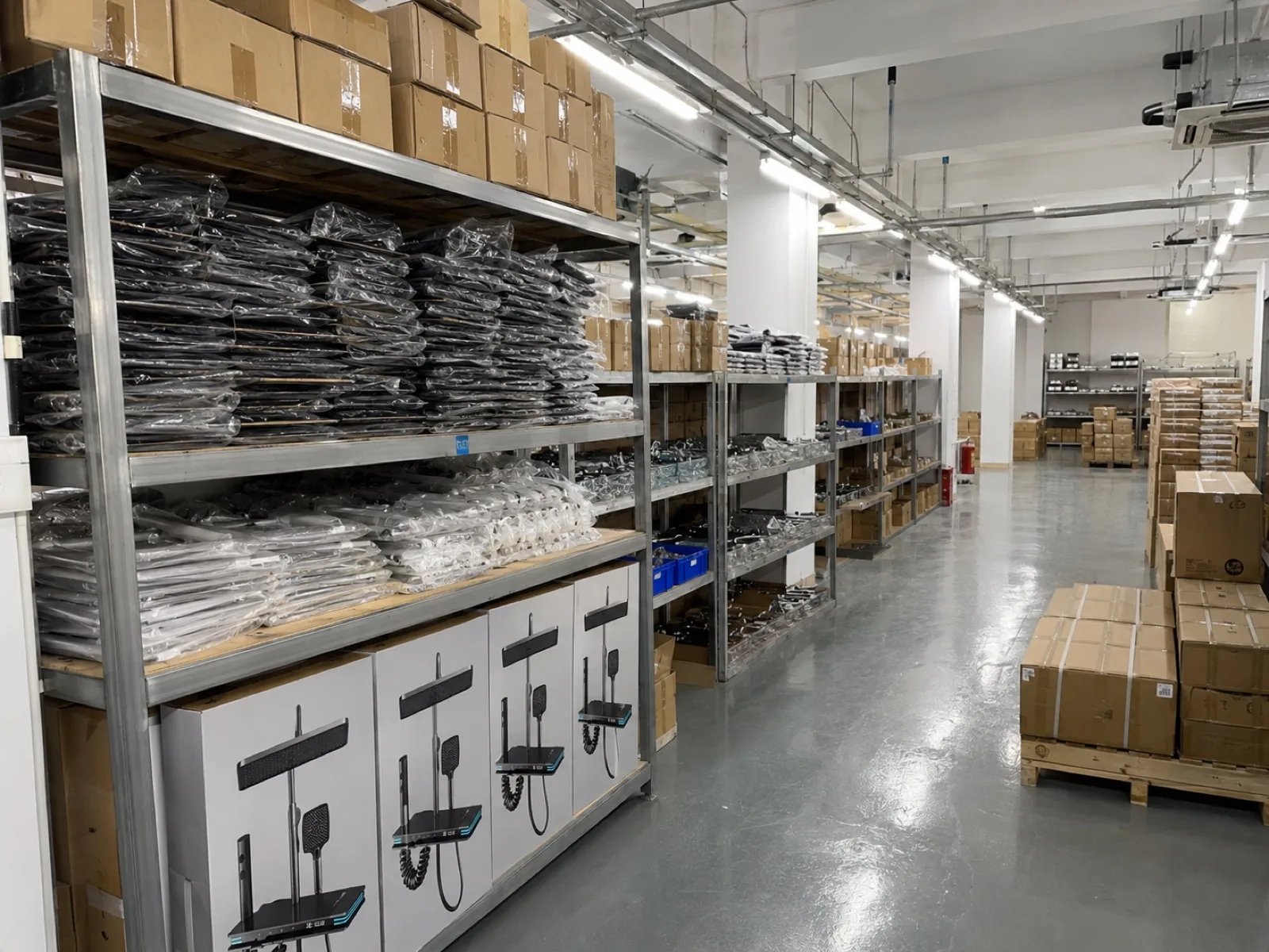 Packed shower systems during shipment preparation