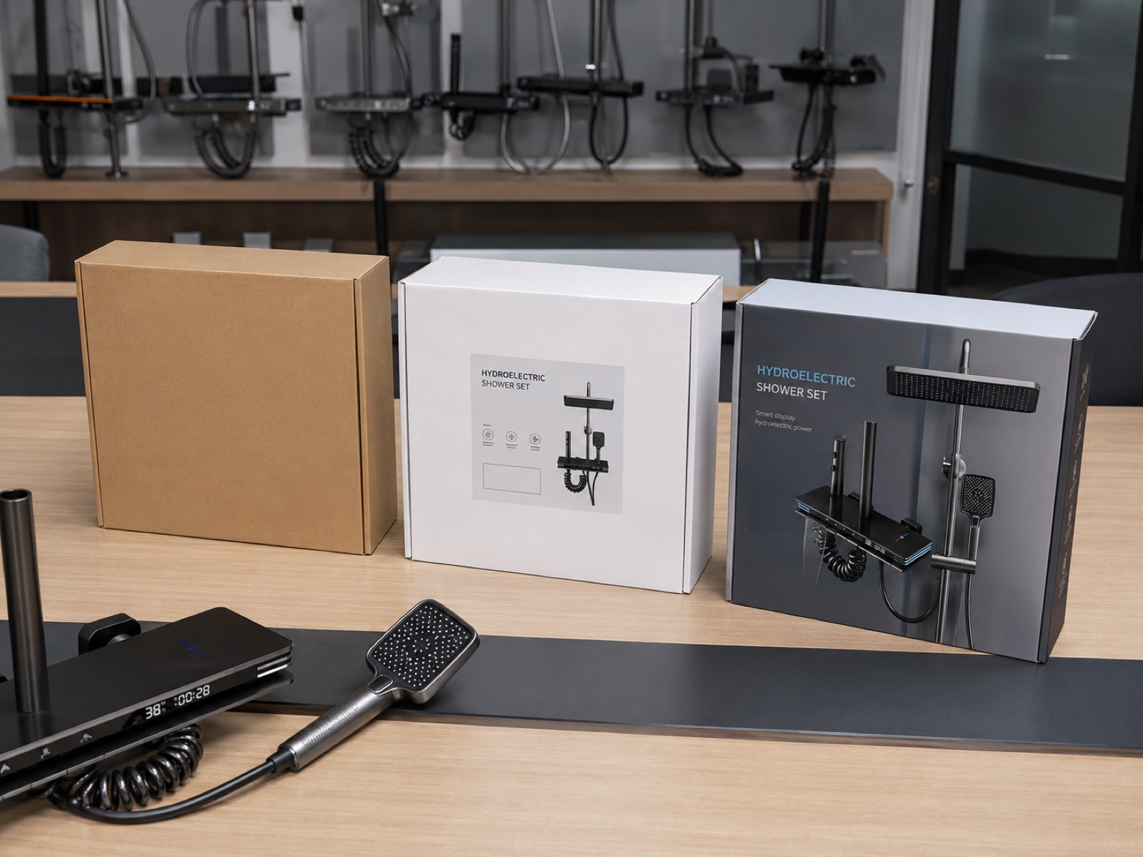 Shower-system packaging options and product components on display