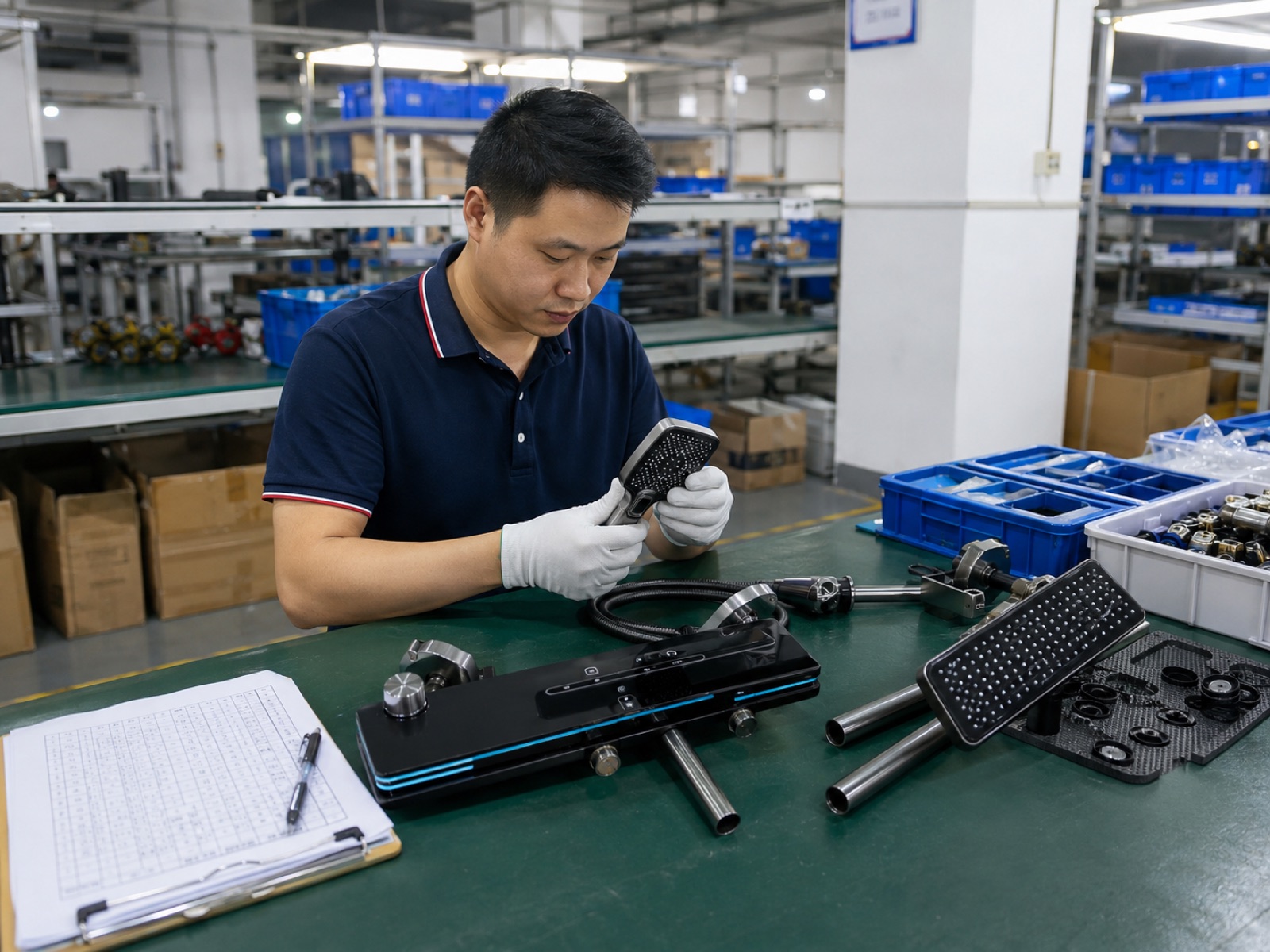 Worker inspecting shower system components at a workbench