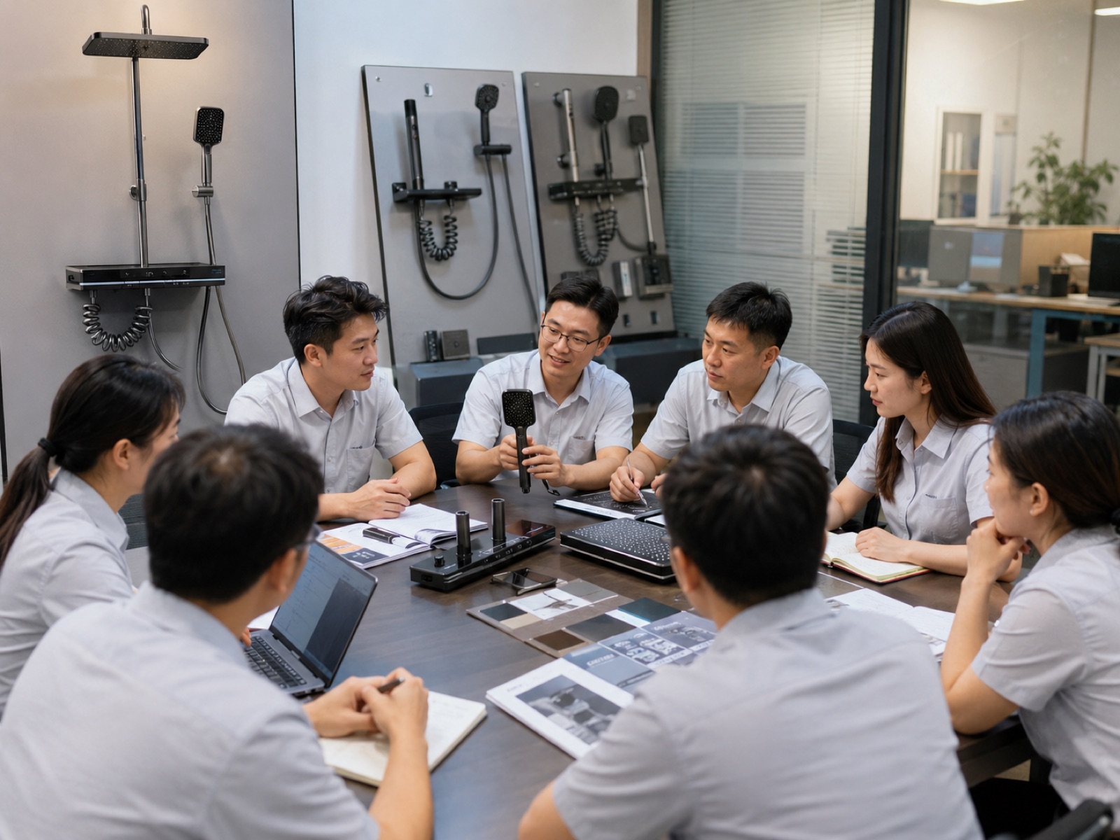 Team reviewing shower system models and product materials
