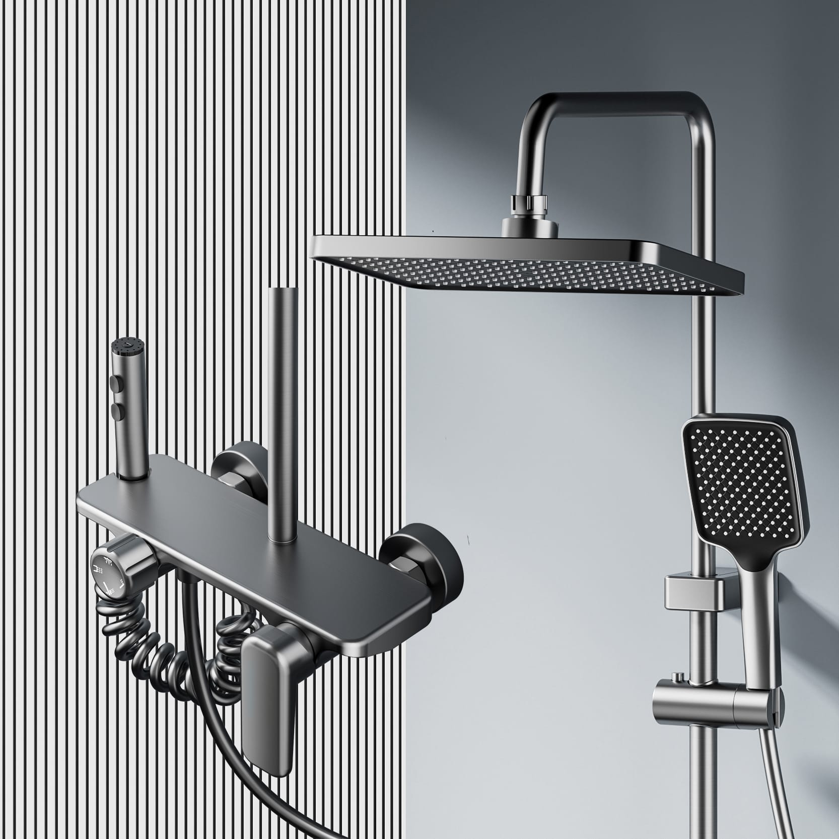 Gun gray digital LED shower system with integrated shelf and rainfall head