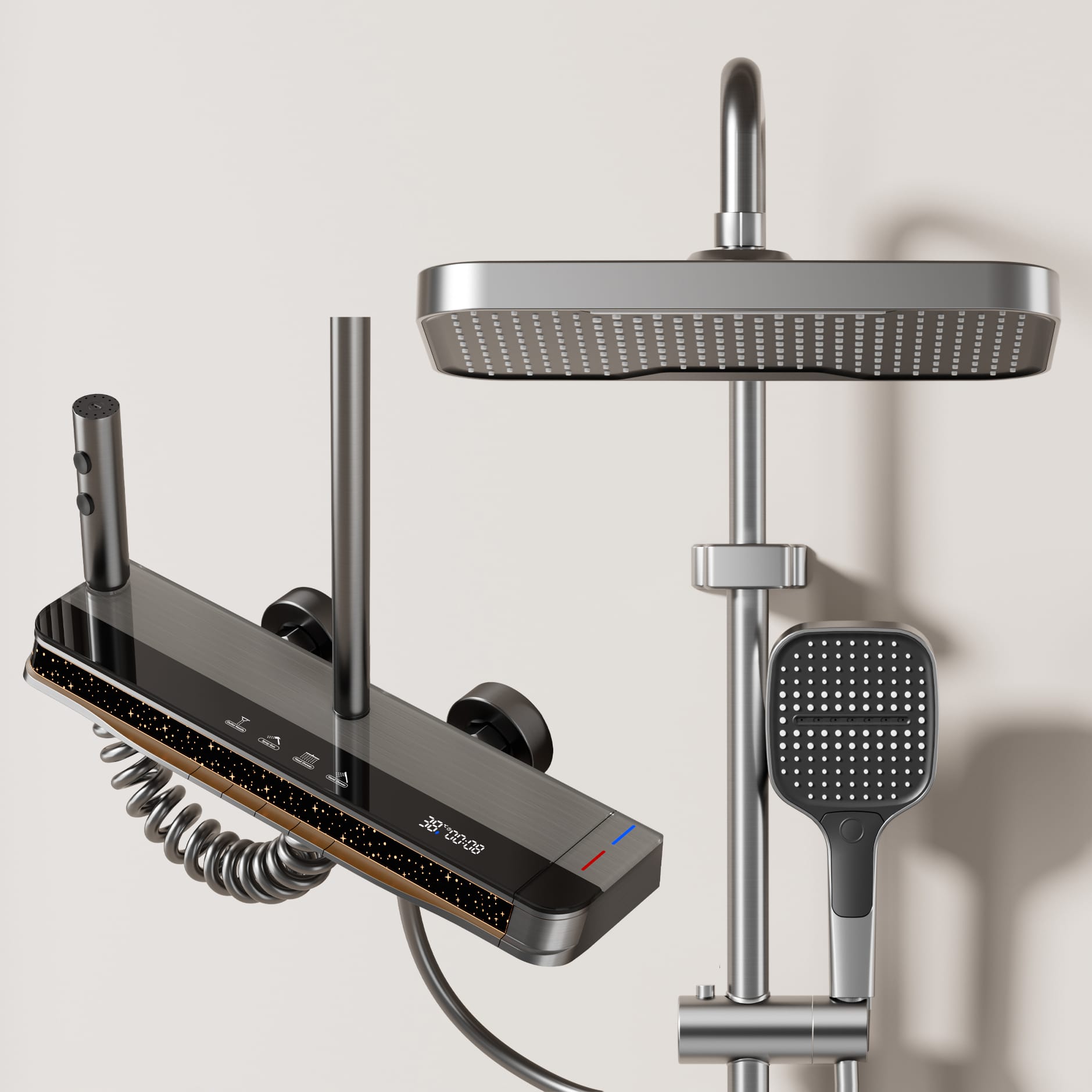Digital LED thermostatic shower system with smart shelf