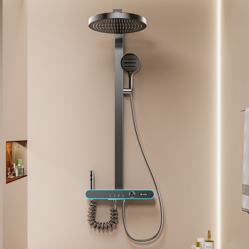 Digital LED thermostatic shower system with integrated shelf