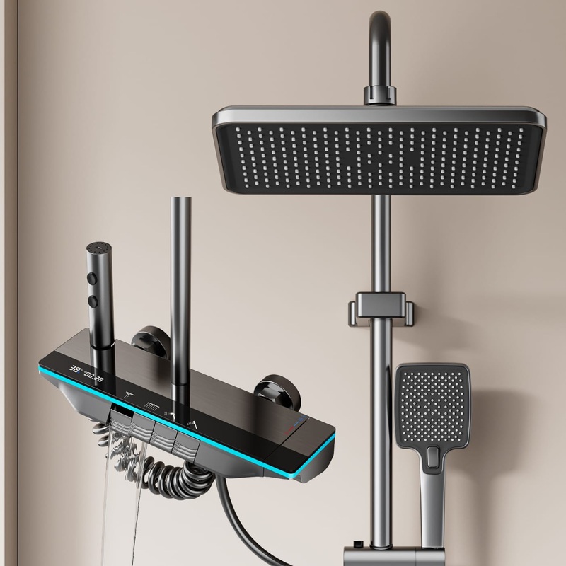 Wholesale Digital LED Shower System with Shelf – Gun Gray | Naivaro