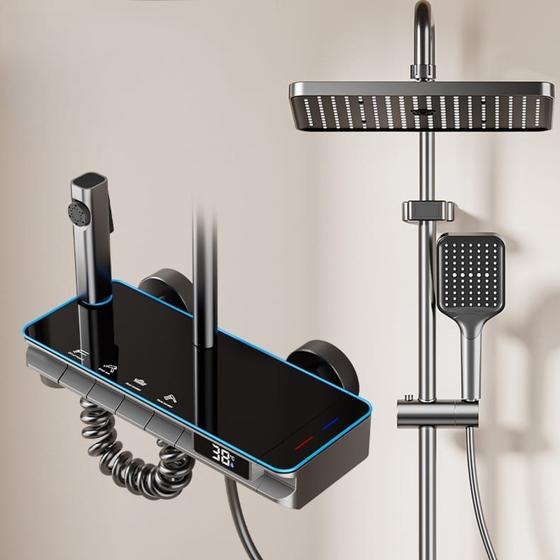 Digital Display Rainfall Shower System with Handheld Shower & Spray Gun – Modern ABS Bathroom Shower Set