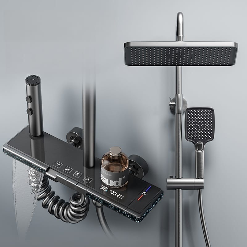 Gun Grey Smart Digital Thermostatic Shower System with Rainfall & Waterfall