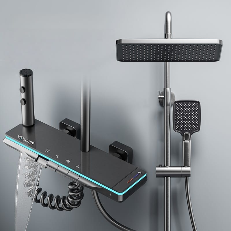 LED Digital Aluminum Rainfall Shower System with Waterfall Spout & Handheld Shower – Gun Grey / White