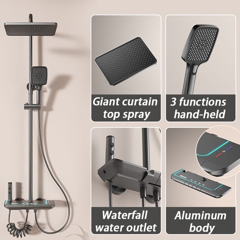 Elite Digital LED Shower System with Rainfall & Waterfall – Gun Grey