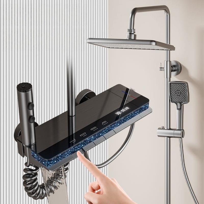 Premium Gun Grey Digital LED Shower System with Waterfall & Rainfall
