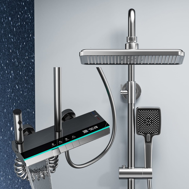 Premium Gun Grey Digital Thermostatic Shower System with LED & Waterfall
