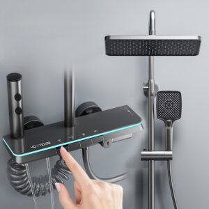 LED Digital Waterfall Rain Shower System with Handheld Shower & Shelf – Gun Grey / White / Cream White