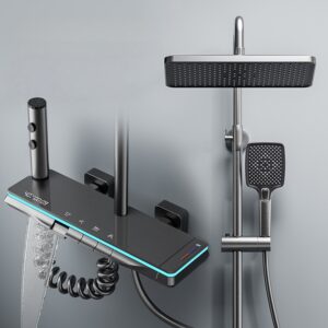 LED Digital Aluminum Rainfall Shower System with Waterfall Spout & Handheld Shower – Gun Grey / White