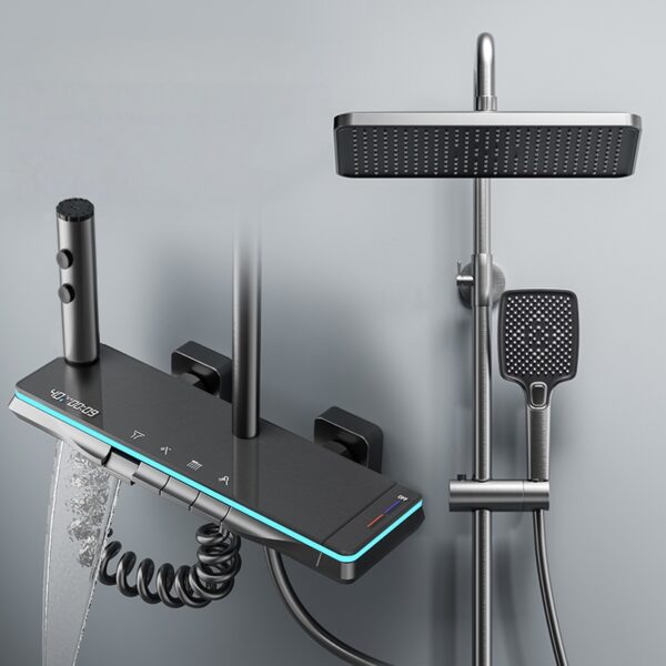 LED Digital Aluminum Rainfall Shower System with Waterfall Spout & Handheld Shower – Gun Grey / White