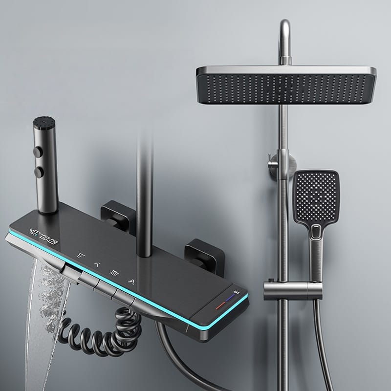 LED Digital Aluminum Rainfall Shower System with Waterfall Spout & Handheld Shower – Gun Grey / White