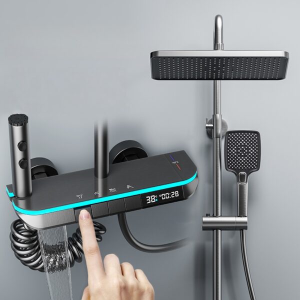 LED Digital Waterfall Rainfall Shower System with Shelf & Handheld Shower – Gun Grey / White