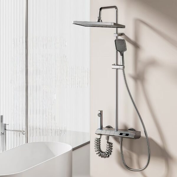 LED Thermostatic Rainfall Shower System with Digital Temperature Display Ambient Light Shower Set with Handheld Spray and Bidet Sprayer