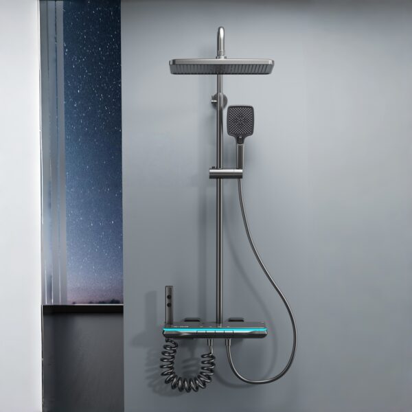 LED Digital Aluminum Rainfall Shower System with Waterfall Spout & Handheld Shower – Gun Grey / White