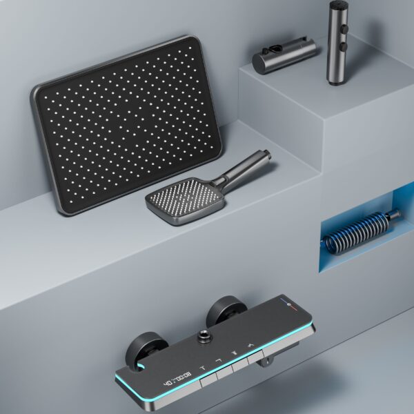 LED Digital Waterfall Rain Shower System with Handheld Shower & Shelf – Gun Grey / White / Cream White