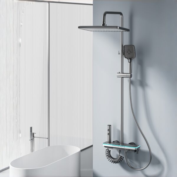 LED Digital Waterfall Rain Shower System with Handheld Shower & Shelf – Gun Grey / White / Cream White