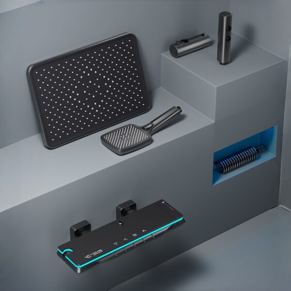 LED Digital Aluminum Rainfall Shower System with Waterfall Spout & Handheld Shower – Gun Grey / White