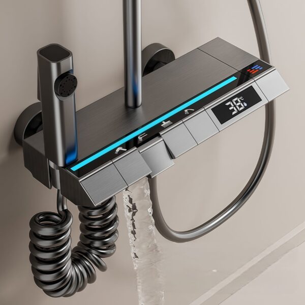LED Thermostatic Rainfall Shower System with Digital Temperature Display Ambient Light Shower Set with Handheld Spray and Bidet Sprayer