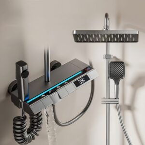 LED Thermostatic Rainfall Shower System with Digital Temperature Display Ambient Light Shower Set with Handheld Spray and Bidet Sprayer