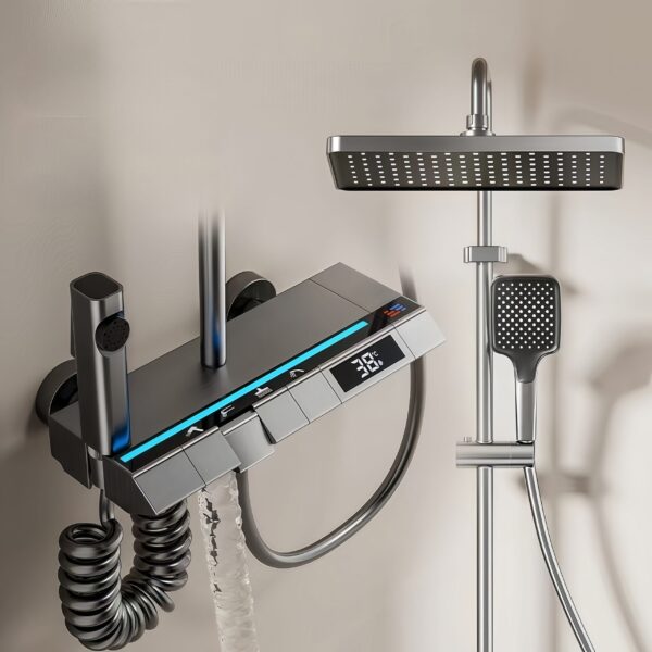 LED Thermostatic Rainfall Shower System with Digital Temperature Display Ambient Light Shower Set with Handheld Spray and Bidet Sprayer