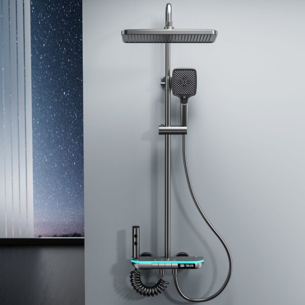 LED Digital Waterfall Rainfall Shower System with Shelf & Handheld Shower – Gun Grey / White