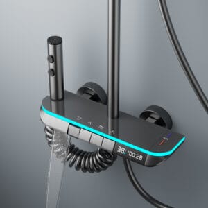 LED Digital Waterfall Rainfall Shower System with Shelf & Handheld Shower – Gun Grey / White product image for.