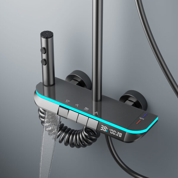 LED Digital Waterfall Rainfall Shower System with Shelf & Handheld Shower – Gun Grey / White