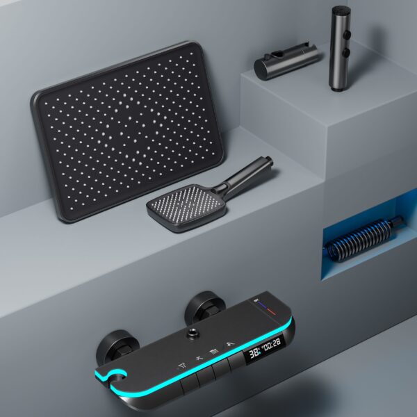 LED Digital Waterfall Rainfall Shower System with Shelf & Handheld Shower – Gun Grey / White