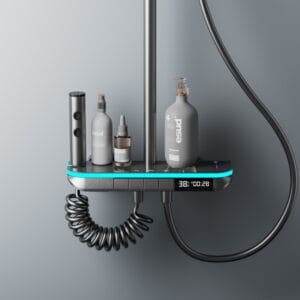 LED Digital Waterfall Rainfall Shower System with Shelf & Handheld Shower – Gun Grey / White product image for.