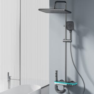 LED Digital Waterfall Rainfall Shower System with Shelf & Handheld Shower – Gun Grey / White product image for.