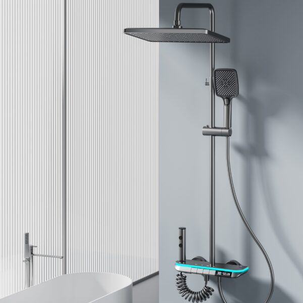 LED Digital Waterfall Rainfall Shower System with Shelf & Handheld Shower – Gun Grey / White