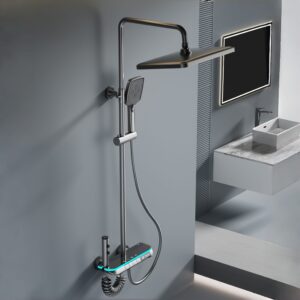 LED Digital Waterfall Rainfall Shower System with Shelf & Handheld Shower – Gun Grey / White product image for.