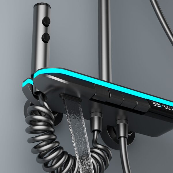 LED Digital Waterfall Rainfall Shower System with Shelf & Handheld Shower – Gun Grey / White