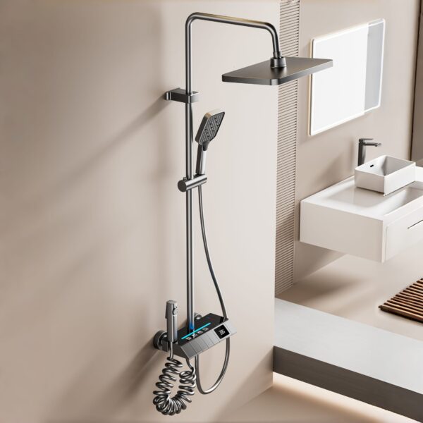 LED Thermostatic Rainfall Shower System with Digital Temperature Display and Ambient Light Panel