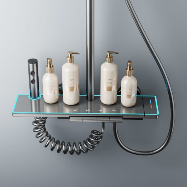 Modern ABS Rainfall Shower System with Handheld Shower & Storage Shelf – Stainless Steel Rail Bathroom Set