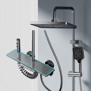 Modern ABS Rainfall Shower System with Handheld Shower & Storage Shelf – Stainless Steel Rail Bathroom Set