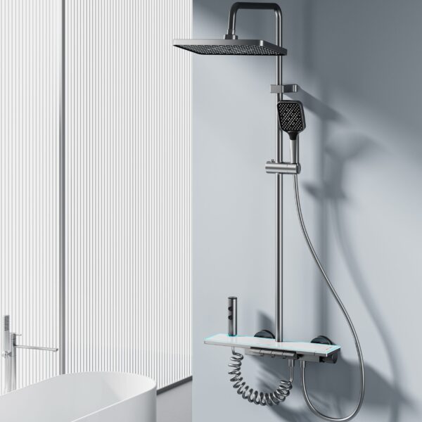 Modern ABS Rainfall Shower System with Handheld Shower & Storage Shelf – Stainless Steel Rail Bathroom Set