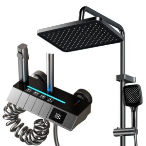 LED Thermostatic Rainfall Shower System with Digital Temperature Display and Ambient Light Panel