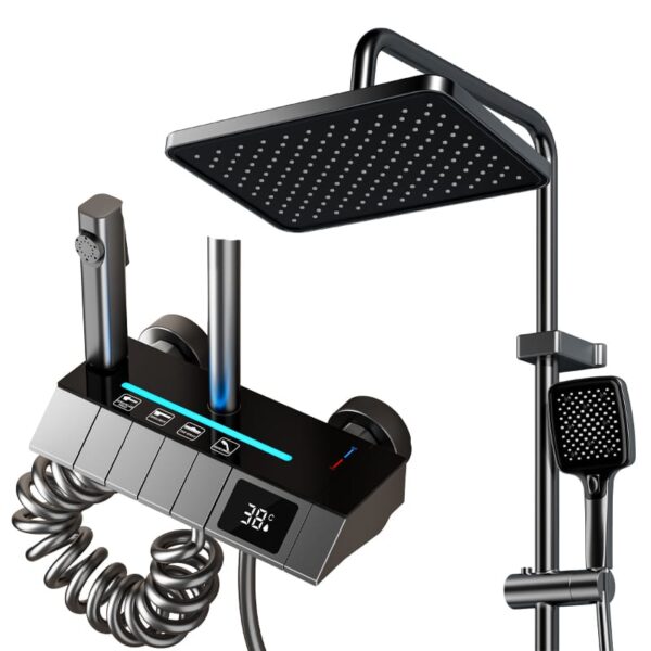 LED Thermostatic Rainfall Shower System with Digital Temperature Display and Ambient Light Panel
