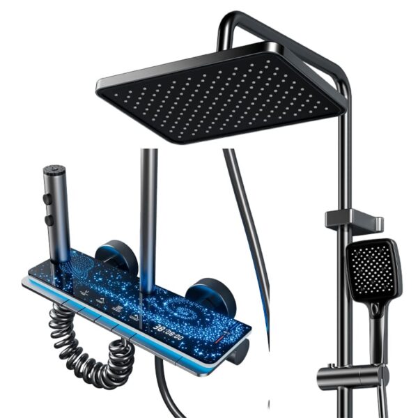 Smart Thermostatic LED Shower System with Digital Temperature Display Rainfall Shower Set with Handheld Spray