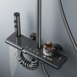 Gun Grey Smart Digital Thermostatic Shower System with Rainfall & Waterfall product image for B2B shower system.