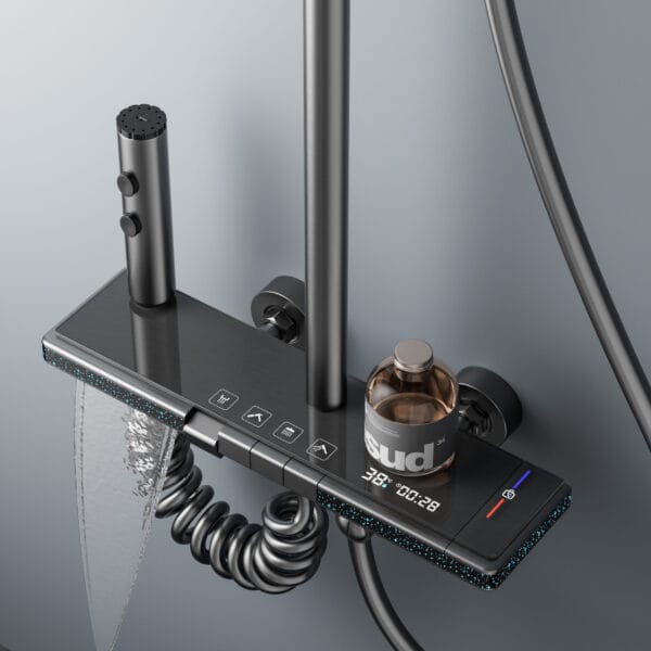 Gun Grey Smart Digital Thermostatic Shower System with Rainfall & Waterfall