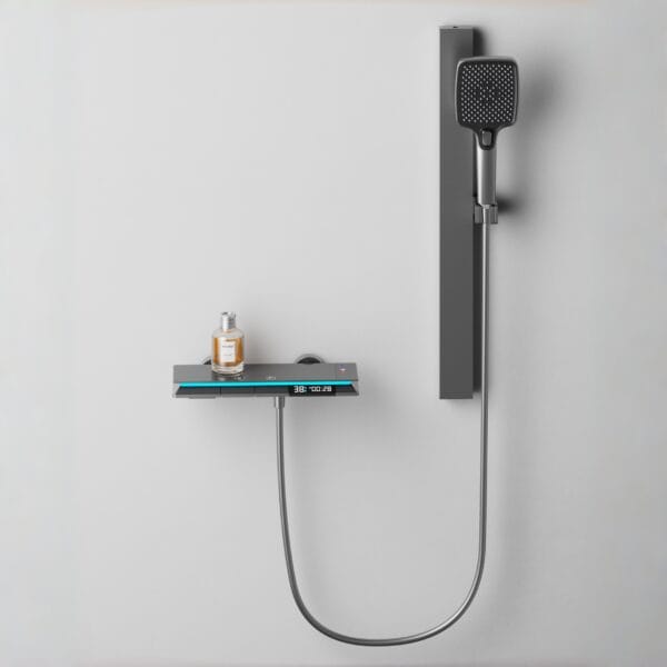 Gun Grey Digital Thermostatic Shower System with Integrated Shelf
