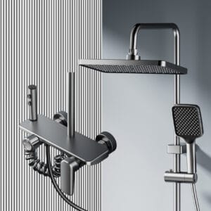 Gun Grey Digital LED Shower System with Integrated Shelf & Waterfall Spout