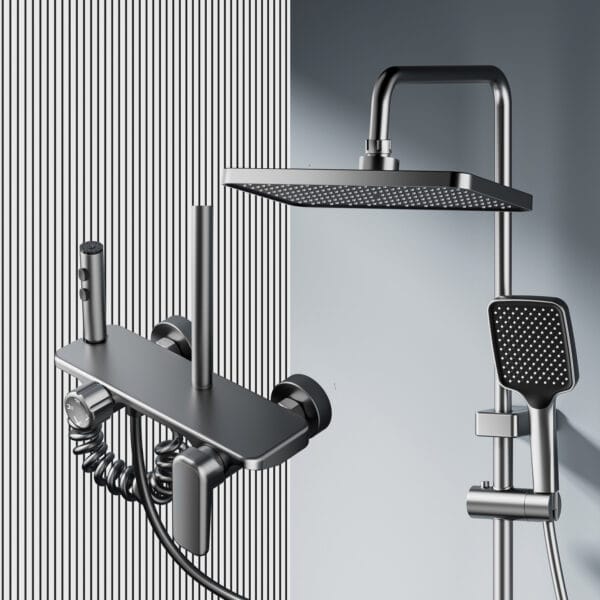 Gun Grey Digital LED Shower System with Integrated Shelf & Waterfall Spout