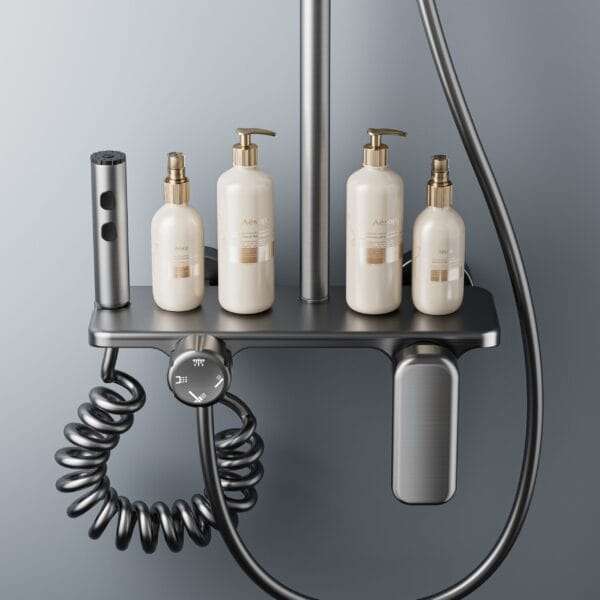 Gun Grey Digital LED Shower System with Integrated Shelf & Waterfall Spout