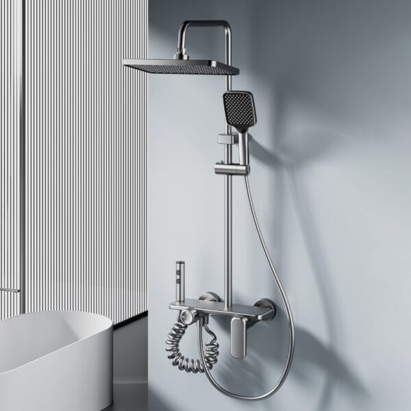 Gun Grey Digital LED Shower System with Integrated Shelf & Waterfall Spout